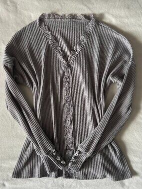 Womens Gray Lace Trim Ribbed Sweater Top Coquette Y2K Cottagecore Size 2XL